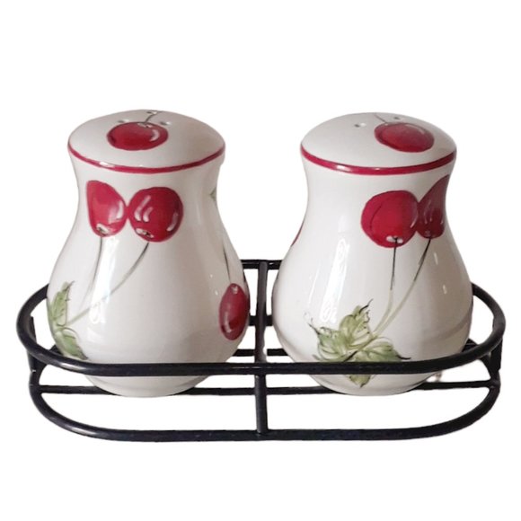 Cherry Salt and Pepper Shakers with Metal Holder - Picture 1 of 6